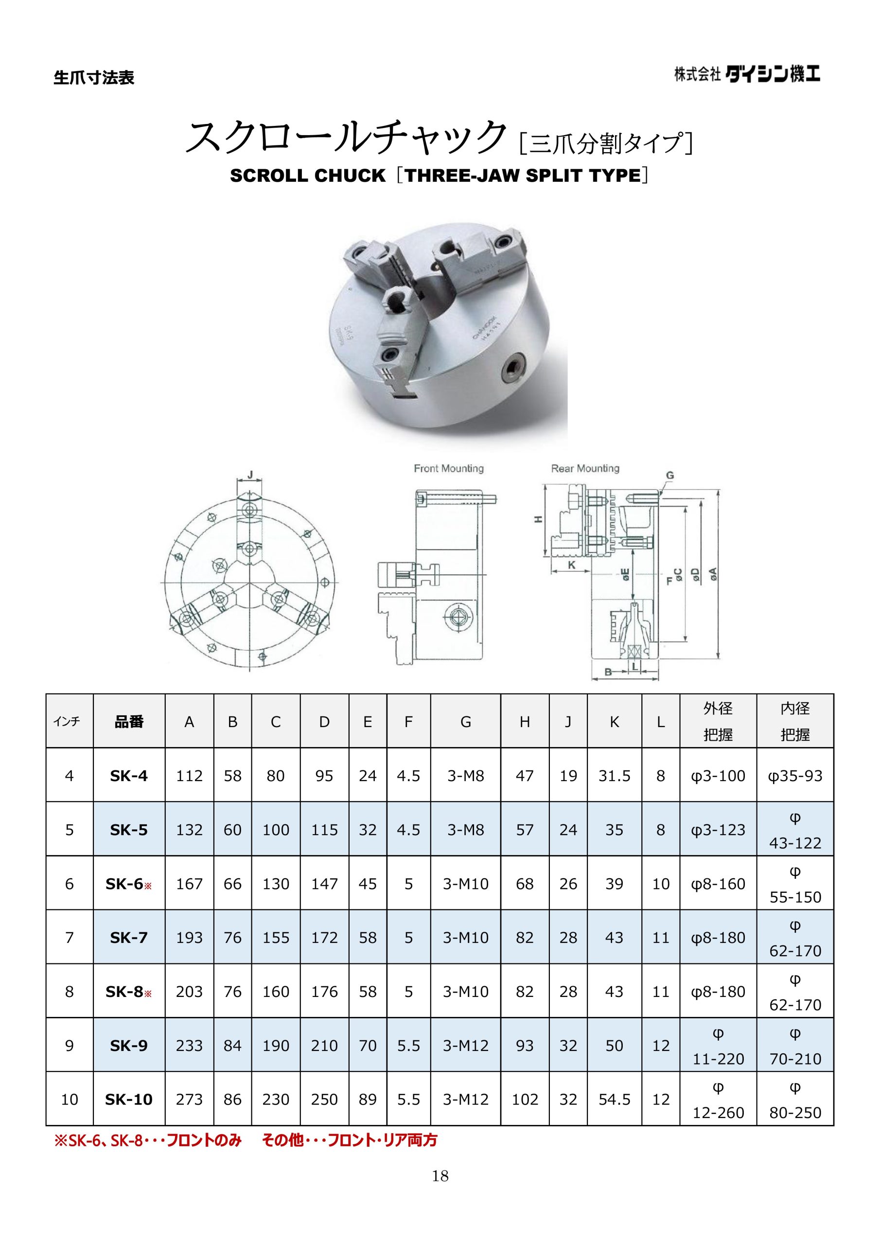 SK-8 スクロールチャック（三爪分割タイプ・前孔型）8インチ – 旋盤用北川用生爪販売-ダイシン機工ショップ